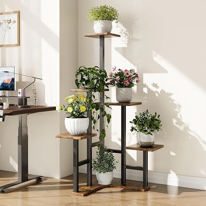 Yzosvki Corner Plant Stand Indoor, 6 Tiered Corner Plant Shelf Flower Stand for Multiple Plants, Plant Shelves Organizer Rack for Living Room, Balcony, Patio, Garden, Square Rustic Brown