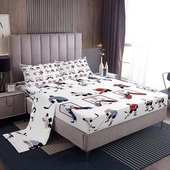 Ice Hockey Sheet Set Full Kids Sports Event Bedding Set Hockey Player Bed Sheets for Boys Bedroom Decor Soft Winter Sports Hockey Puck Bed Set (Twin Flat Sheet & Fitted Sheet with 2 Pillow Case)