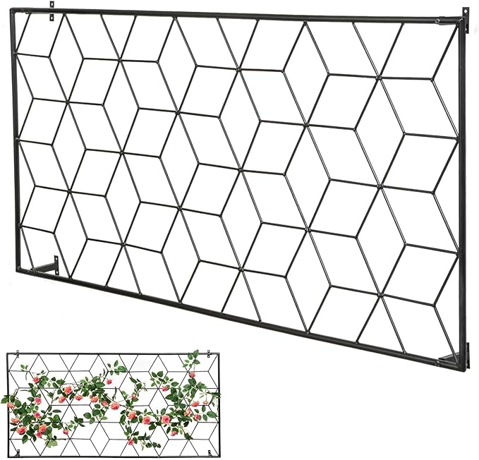 MyGift 4 Foot Geometric Cube Pattern Style Matte Black Metal Wire Garden Trellis, Wall Mounted Large Support Lattice Frame for Climbing Plants and Crawling Vines