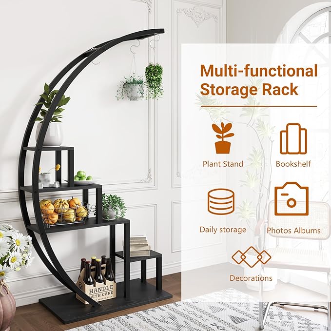 Jojoka Plant Stand Indoor Outdoor 2 Pack, 5 Tier 56" Tall Metal Plant Shelf, Heavy Duty Corner Flower Rack with Hanging Hooks, Multi Plant Holder for Living Room Garden Balcony,Black