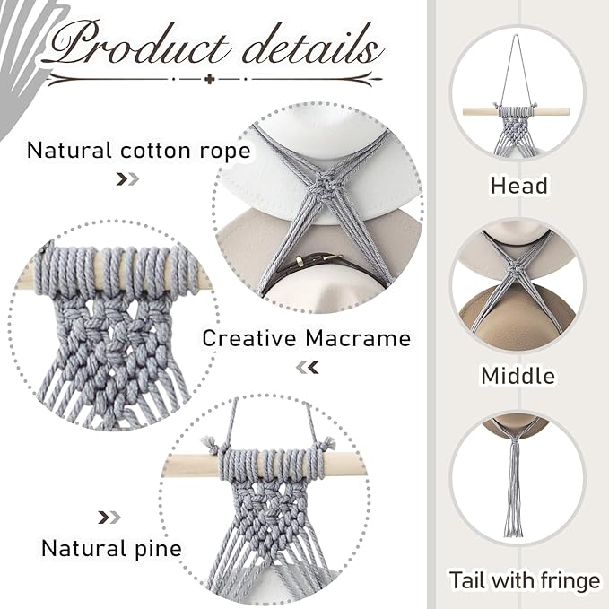 Yulejo Macrame Hat Hangers Boho Hat Rack Cowboy Hat Hanger Back of Door Hat Organizer (Gray,Five Hats Style)