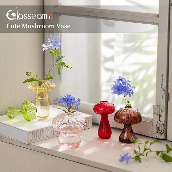 Glasseam Mushroom Flower Bud Vases: Set of 5 Cute Colored Glass Small Vase for Flowers, Unique Aesthetic Decorative Vases for Home Decor, Hydroponic Plant Vase Indoor for Dining Room Centerpieces
