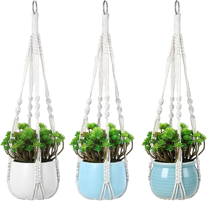 Thinp 3 Pack Macrame Plant Hanger Indoor Hanging Plant Holder with Decorative Wood Beads 21 Inch No Tassels Hanging Planters for Indoor Plants Boho Home Decor (Pots Not Included)
