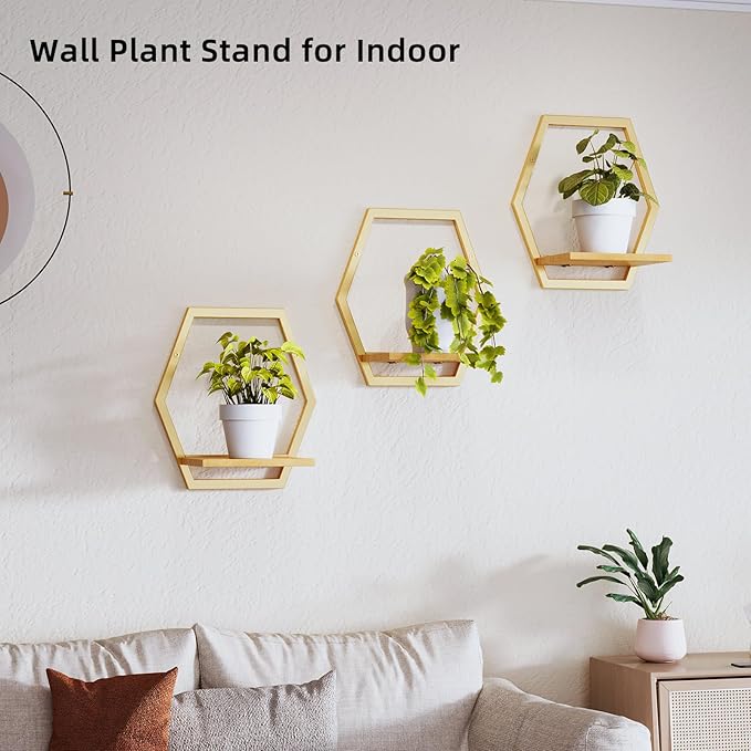 3 Pack Natural Wood & 25 LB Load Metal Wall Plant Holders, 9 inch Solid Wooden Shelf, Mid Century Hanging Planter for Indoor Plants Golden