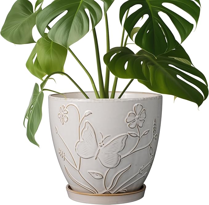 MPotTo 8 Inch Ceramic Pots for Plants Large Planter Pot with Drainage Hole and Saucer Round Flower Pot for Indoor Outdoor Decor, White