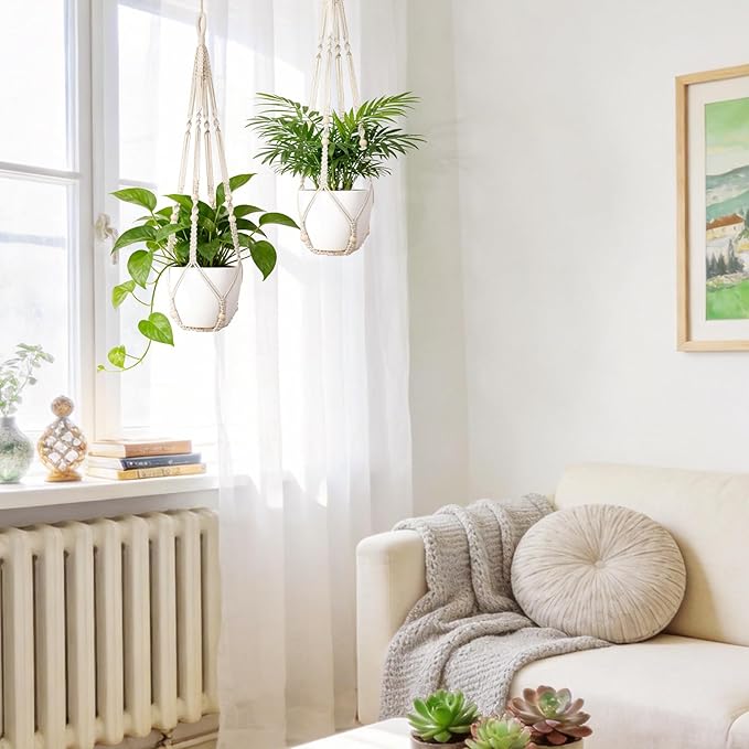 Dahey Macrame Plant Hanger Set of 2 Indoor Outdoor Hanging Planter with Wood Beads Decorative and 2 Hooks Flower Pot Plant Holder No Tassels for Boho Home Decor, 35 Inch, Ivory(Pots Not Included)