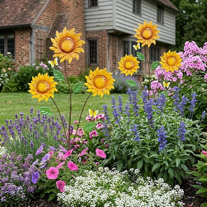 Metal Flowers for Outside, 30-Inch Iron Sunflower Garden Stakes Set of 2, Metal Yard Art Outdoor and Garden, Decorative Garden Stakes for Patio & Lawn Decor (Yellow)