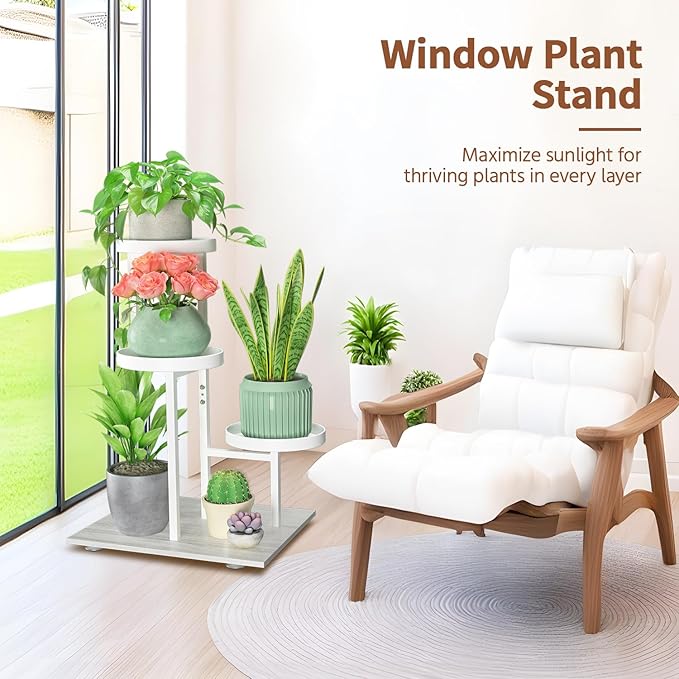LASZOLA White 3 Tier Plant Stand Indoor Heavy Duty Rack for Modern House Planter, Metal and Wooden Vertical Organizer Decor Narrow Bathroom Floor, Sturdy Multi Level Flower Holder Raised, Cat Proof