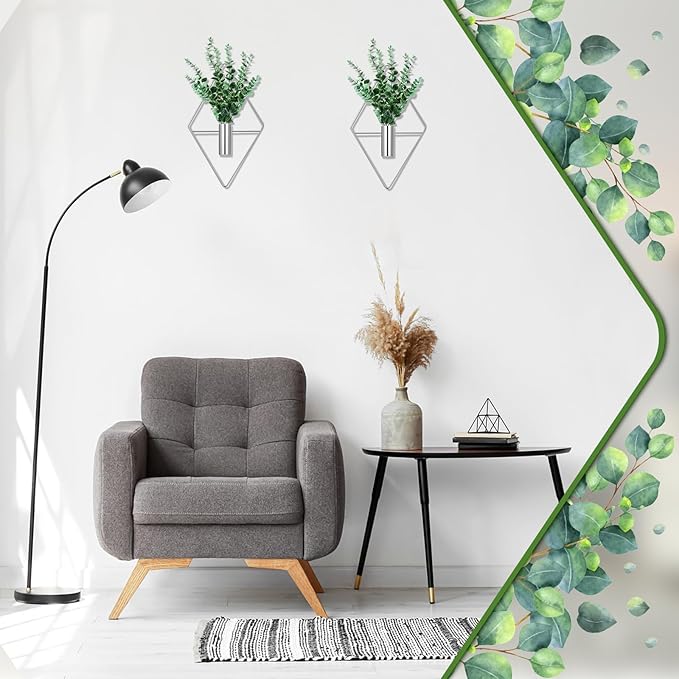 Canlierr 2 Pieces Wall Decor Hanging Planters with Artificial Plants Metal Hanging Vase Indoor Plants Holder Modern Boho Wall Art for Bathroom Bedroom Living Room Decor(Silver, Eucalyptus)