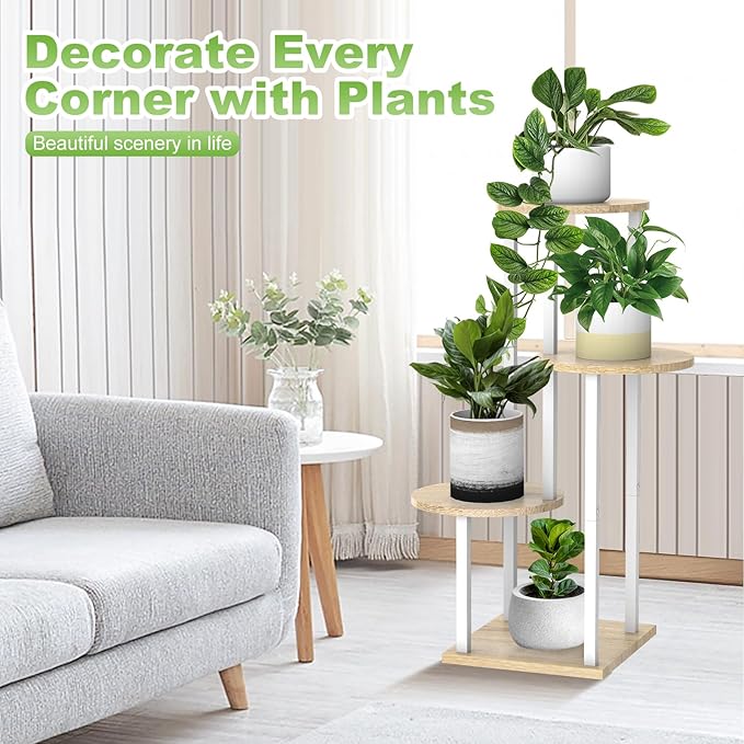 4 Tier Wood Tall Plant Stand Metal Rack Indoor, Multiple Flower Pot Holder Shelves Corner Rack, Round Planter Shelf Display Rack Storage Organizer for Patio Living Room Balcony(White+Oak)
