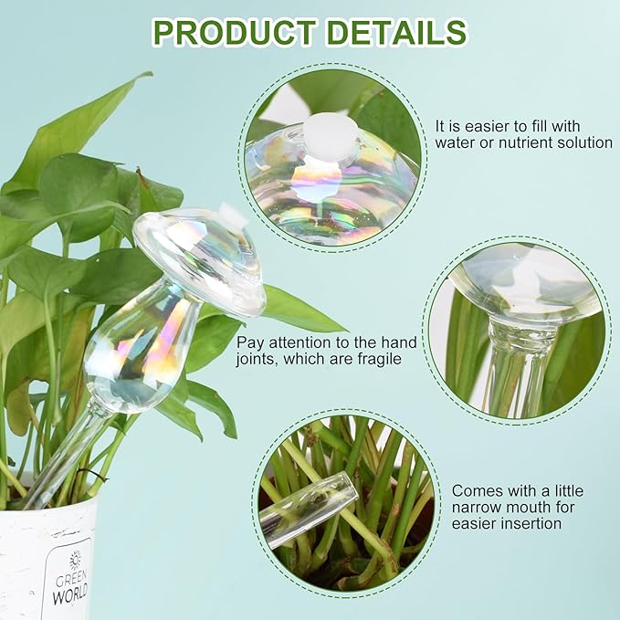 Plant Watering Globes 2PCS Glass Self Watering Planter Insert Device for Indoor Outdoor Plants Rainbow Color Laser Mushroom und Bulb with Hole 5oz 150ml Capacity Automatic Watering for 1 Week