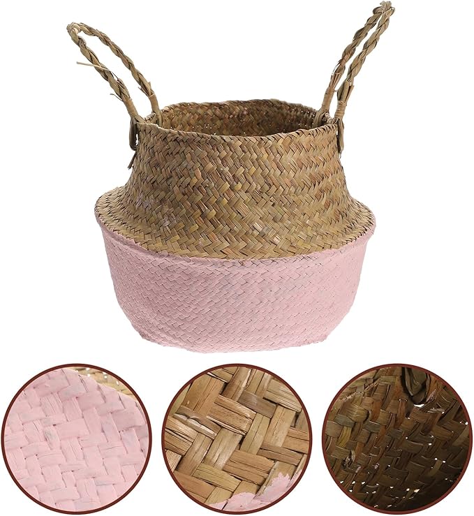 Luxshiny Woven Seagrass Planting Basket with Handles, Decorative Foldable Rattan Planter Pot for Indoor Flower Gardening, 27cm Diameter Pink Boho Storage Basket for Living Room Decor