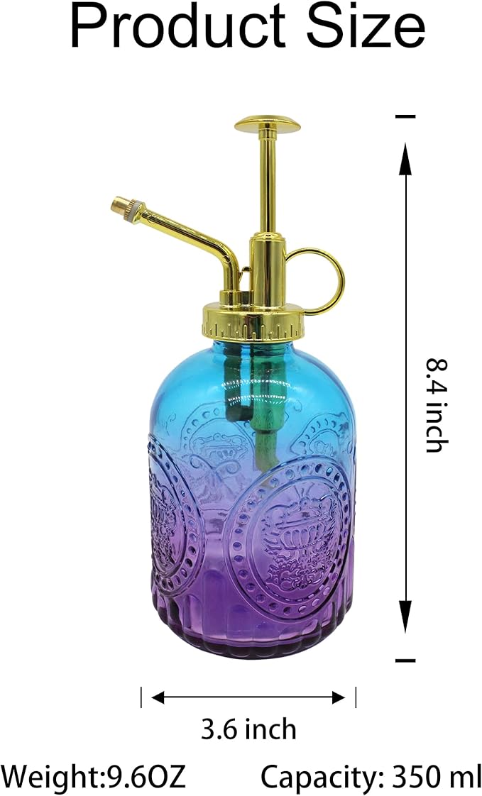 Glass Plant Mister Spray Bottle, 350ML Vintage Plant Spritzer with Top Pump Watering Can for Indoor Outdoor House Plants,Flowers (Blue-Purple Gradient)