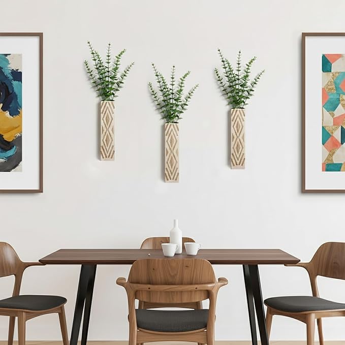3 Pack Boho Wood Wall Planters for Indoor Plants- Geometric Hanging Vases, Modern Farmhouse Wall Decor Holders for Entryway, Bathroom & Living Spaces, Plants Excluded (Log Color-b)