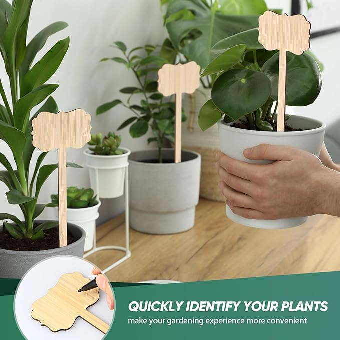 Jingmore 50 Pcs Bamboo Garden Markers Plant Labels 8 Inch Extra Long Plant Tags for Seedlings with Pen T-Type Tags Waterproof Nursery Garden Signs for Outdoor Flower Herb Potted