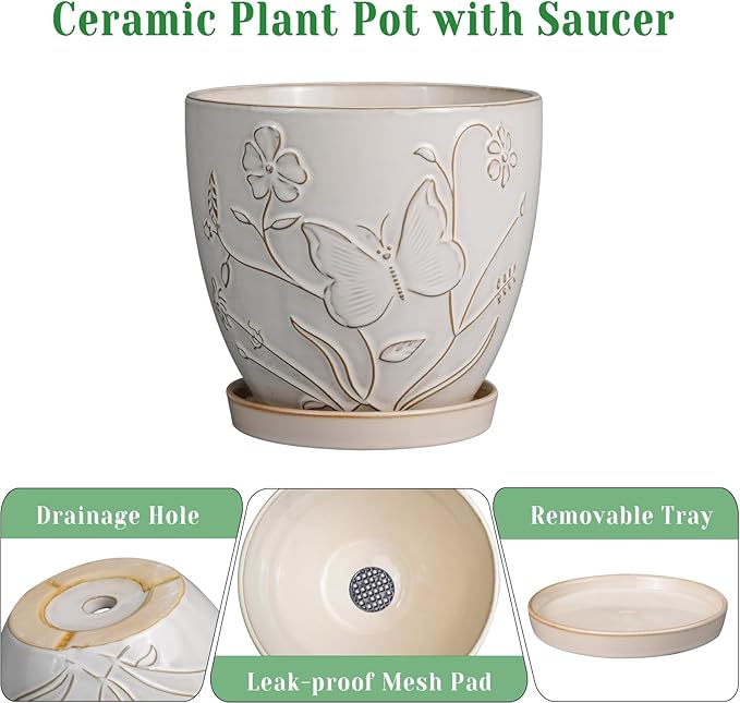 MPotTo 6 Inch Ceramic Plant Pot for Indoor Plants Outdoor Round Planter Flower Pot with Drainage Hole and Saucer for Home Garden Office Decor White