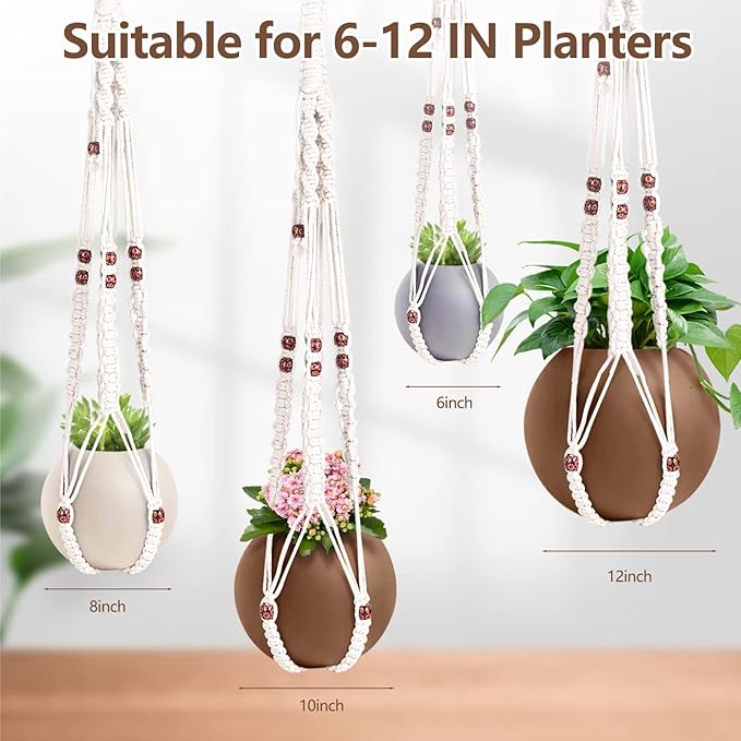Necamocu Handmade Macrame Plant Hanger with 2PCS Hooks, Elegant Hanging Plant Holder for Indoor Outdoor Plants, Sturdy Hanging Planters with No Tassel, 33 Inch, Ivory