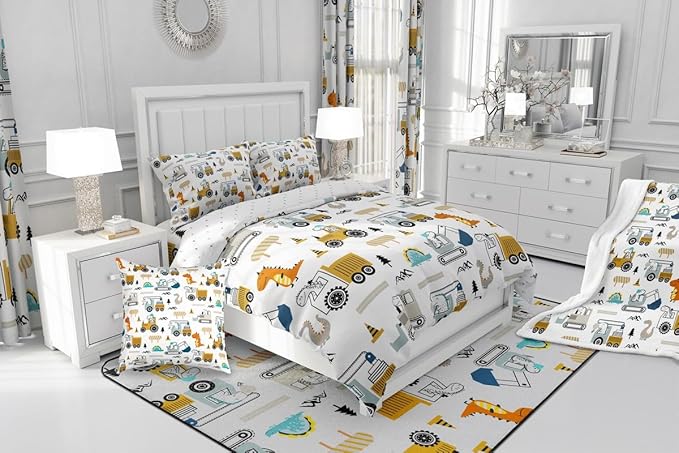 Feelyou Construction Bedding Set King Size Equipment Trucks Comforter Set for Kids Boys Girls Decor Dinosaur Comforter 3D Digital Print Yellow Duvet Set Bedroom Quilt Set