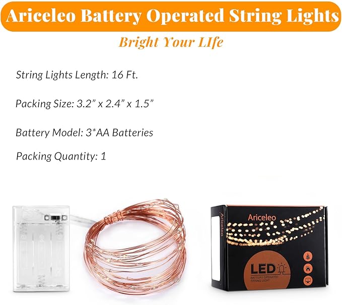 Ariceleo Led Fairy Lights Battery Operated, 1 Pack Mini Battery Powered Copper Wire Starry Fairy Lights for Bedroom, Christmas, Parties, Wedding, Centerpiece, Decoration (5m/16ft Cool White)
