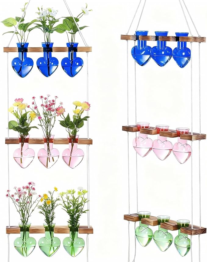 Leinuosen Wall Hanging Plant Propagation Stations Mother Gifts for Her Plant Lovers 3 Tiered 9 Heart Shaped Glass Vases Terrarium with Wooden Stand for Hydroponics Indoor Garden Home Decor(Multicolor)
