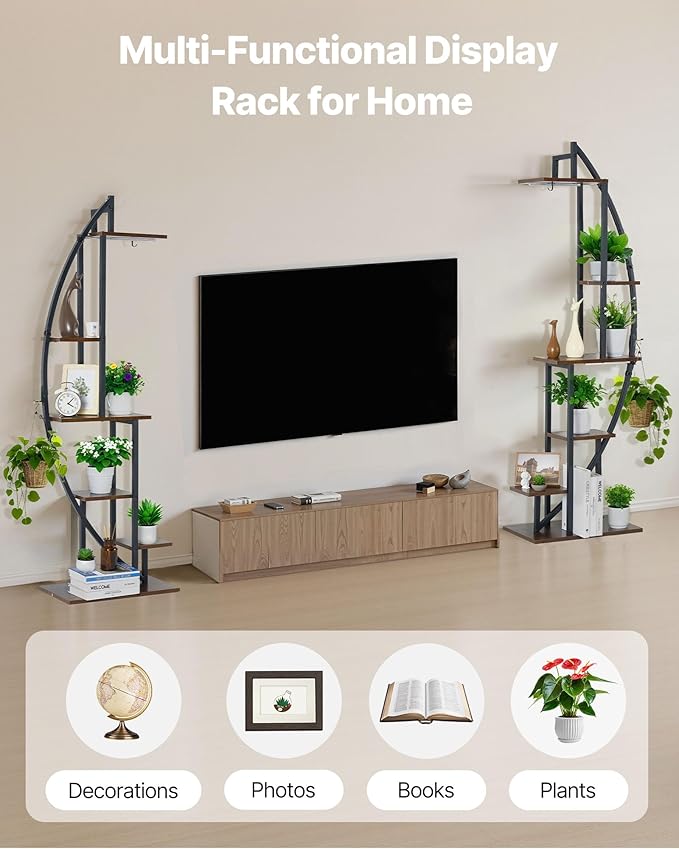 VEVOR Plant Stand Indoor with Grow Lights, 63 in Tall 6-Tiered Lighted Plant Shelf, 2 Pack Metal Corner Plants Holder, 3 Timer & 10 Brightness, Half-Moon Shaped Flower Display Rack for Living Room