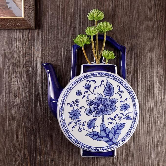 Blue & White Porcelain Wall Vase,Water Bottle Shape Hydroponic Vase Wall Planter for Indoor, Outdoor (A)