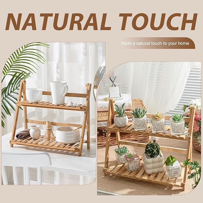 Yalikop Matcha Station Shelf,15.7'' Coffee Station Organizer, 2 Tiers Bamboo Mug Holder Countertop,Desktop Flower Pot Rack for Home Living Room Window Sill Foldable Display Storage Shelf(Wood)