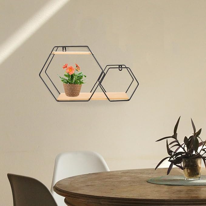 HOMSFOU Hexagon Wall Shelves Floating Wood and Metal Wall Mounted Storage Shelf Black Geometric Display Rack for Bedroom Home Décor Planter Pot Holder