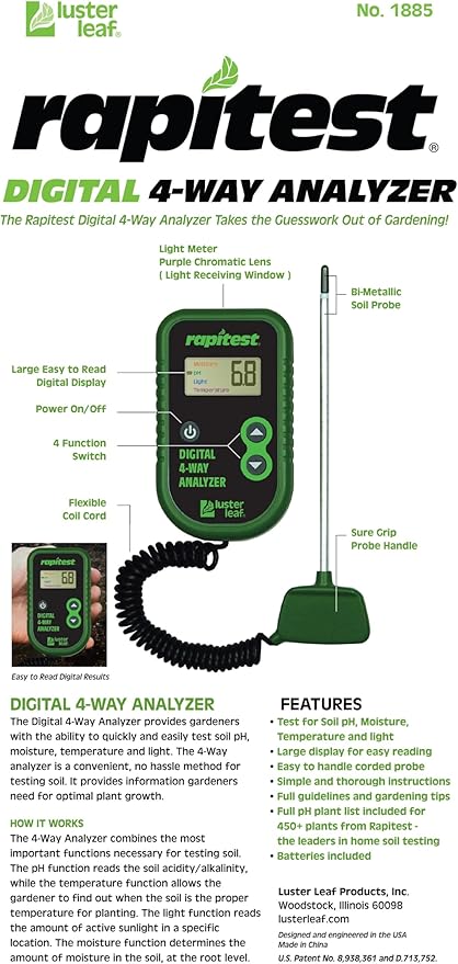 Luster Leaf Rapitest 4-Way Digital Soil Analyzer for pH, Moisture, Temperature, and Light – Designed and Engineered in the USA