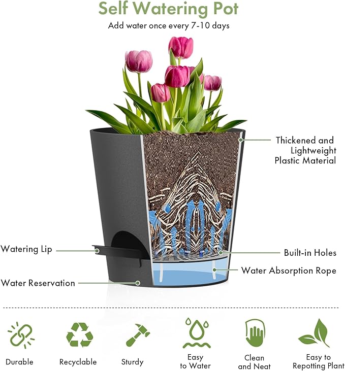 WSMKSZ 7/6.5/6/5.5/5/4 inch Self Watering Pots for Indoor Outdoor Plants, 6 Pack Plastic Flower Planters with Drainage Holes and Removable Saucers, Plant Pots with Wicking Rope, Modern Decor, Black
