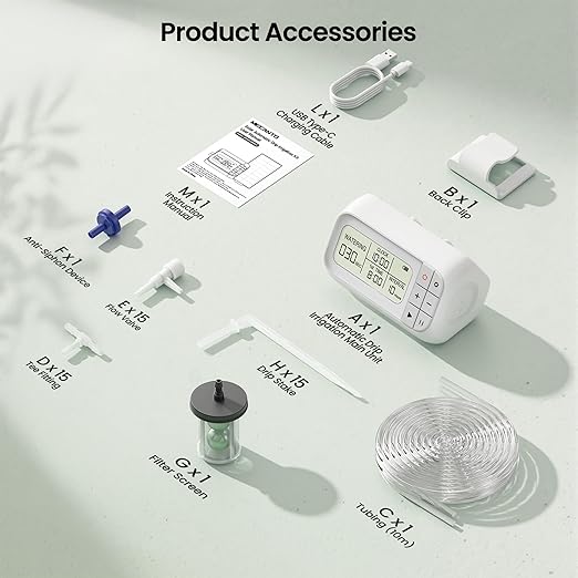 Automatic Drip Irrigation Kit, USB Rechargeable Auto Plant Watering System with Programmable Timer, Anti-Siphon Valve, DIY Irrigation System for up to 15 Outdoor/Indoor Potted Plants
