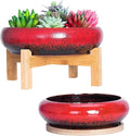 ARTKETTY 7.3/10 Inch Succulent Pots with Drainage Trays Large Succulent Planter with Stand Round Bonsai Pots Ceramic Flower Planter Pot for Indoor Cactus Plants