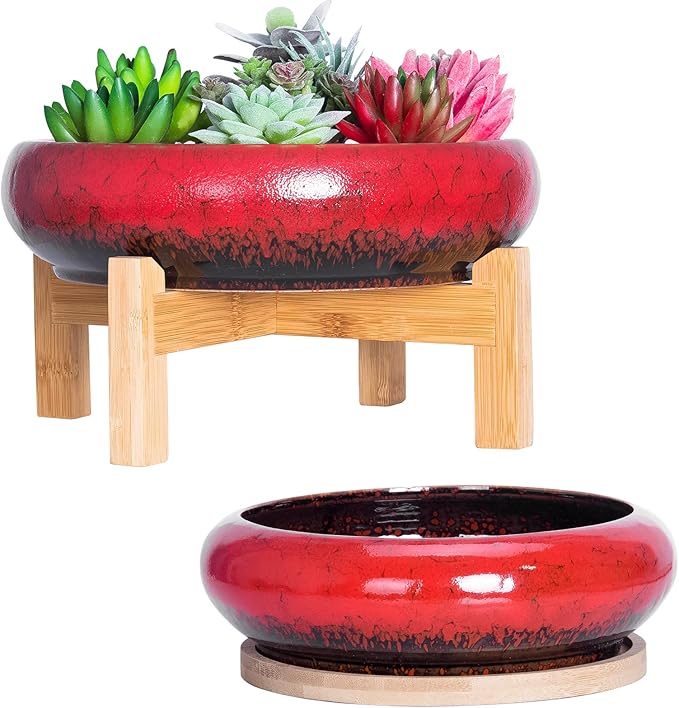 ARTKETTY 7.3/10 Inch Succulent Pots with Drainage Trays Large Succulent Planter with Stand Round Bonsai Pots Ceramic Flower Planter Pot for Indoor Cactus Plants