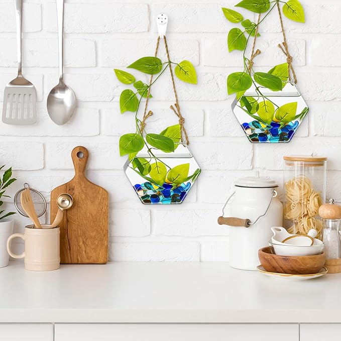 6 Pcs Wall Hanging Planter Glass Plant Pot Water Terrarium Containers Wall Vases for Flowers Air Hydroponic Propagation Glass Plant Holder Home Room Window Office(Hexagon)