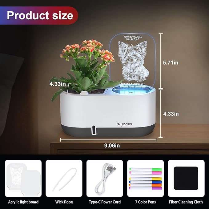 Self-Watering Plant Pot with LED Note Board & 7 Colors Pen, Led Acrylic Message Board with Plant Pot,Dog Board Night Light with Planting Pot for Mother's Day/Thanksgiving/Gifts(No Plant&Seed)