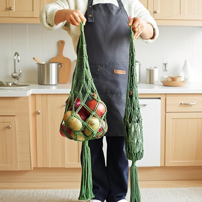 Macrame Hanging Produce Bag, Cotton Net Storage Holder with Tassel, Kitchen Fruit Vegetable Organizer (green)