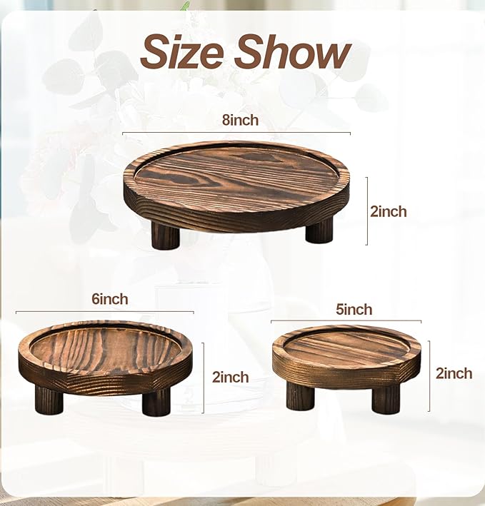 3 Pcs Wooden Risers for Display, Round Wood Riser Plant Stand 5/6/8" Pedestal Stand, Flower Pot Holder Small Planter Tray for Kitchen Home Décor (Brown)