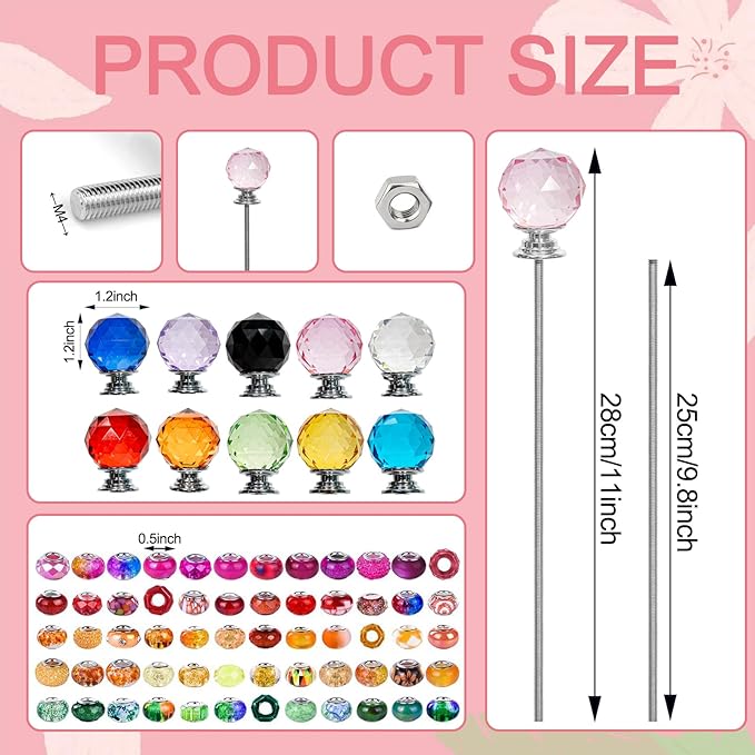 230 Pcs Beaded Garden Stakes Kit DIY Fairy Wands for Garden with 10 Colorful Crystal Stopper Top 200 Assortment Round Large Hole Bead for Outdoor Decor (10, Colorful Spherical)