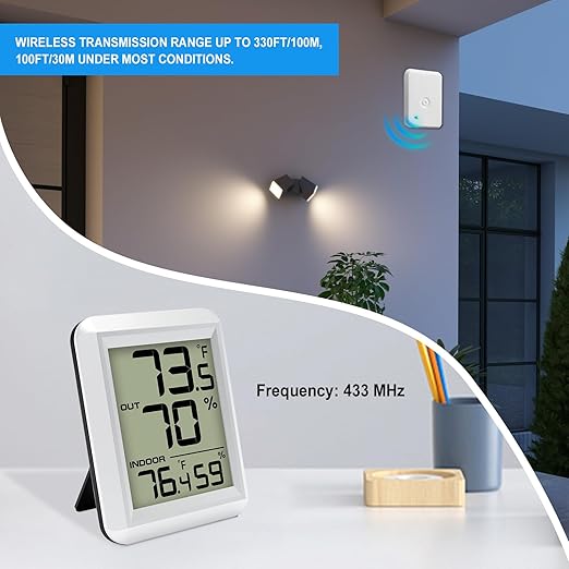 Indoor Outdoor Thermometer Hygrometer Wireless, Urageuxy Digital Temperature Humidity Monitor with 328ft Range Remote Sensor for Home, Greenhouse, Refrigerator, ℃/℉ Switch Optional (White)