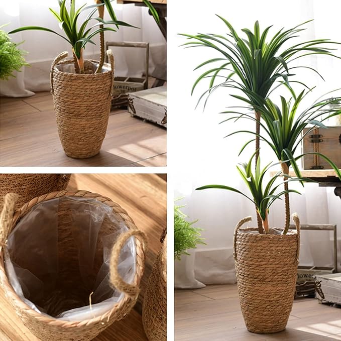 Wnvivi Grass Woven Flower Basket,Rustic Rattan Flower Pot with Plastic Liner,Seagrass Garden Planter Basket,Handwoven Storage Container (L)