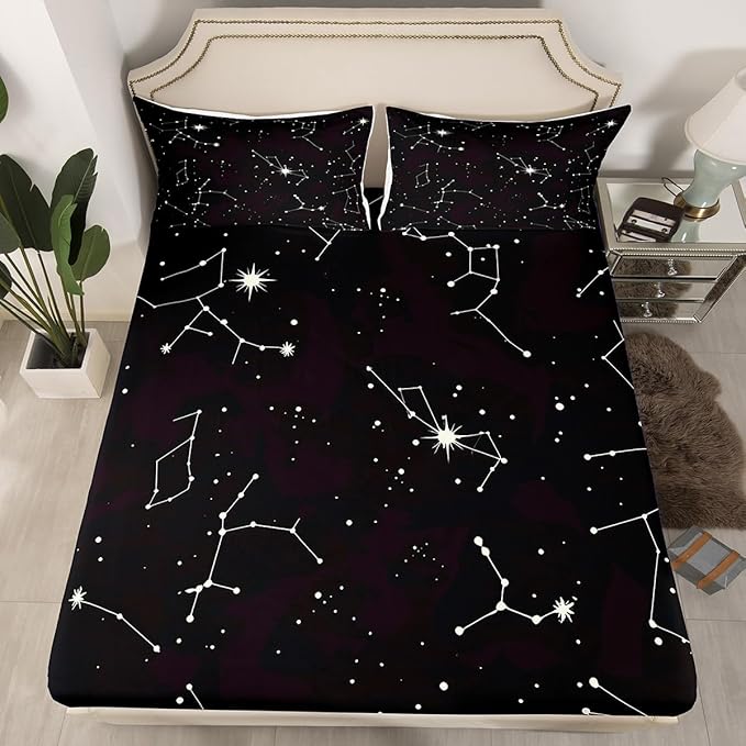 Galaxy Sheets Set Queen Size For Kids Girls Boys Outer Space Starry Sky Bedding Set Teens Constellation Twinkle Stars Bed Sheet Set Microfiber Super Soft Breathable Black White Milky Way Bed Cover