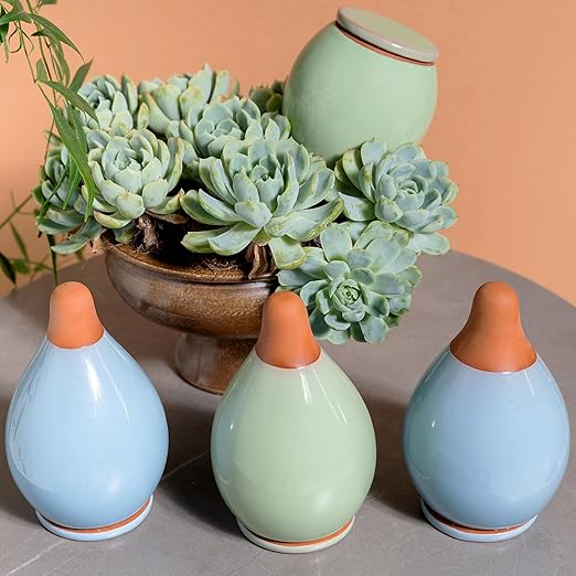 MOUGIGI 4-Pack Self Watering Planter Insert - 2 Blue and 2 Green Ceramic Watering Globes for Indoor Plants, Terracotta Bulbs, and Small Plant Pots - 300ml Capacity, 1 Weeks Autonomy