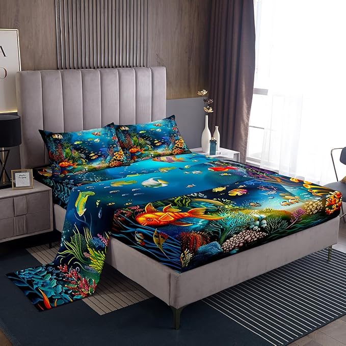 Feelyou Kids Sheet Set Queen Cartoon Ocean Fish Bed Sheets Ocean Marine Theme Bedding Set for Boys Girls Soft and Cozy Sea Underwater World Sheets Set with Sealife Deep Pocket Fitted Sheet,Vibrant