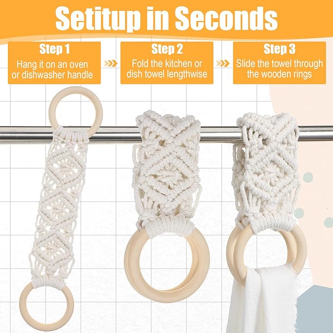 2 Pcs Kitchen Towel Holder, Dish c Hanger with Beech Wood Ring for Hanging Kitchen Towels, Cotton Crochet Dish Towel Holder for Kitchens, Over Cabinet Towels Holders (Grey and Beige)