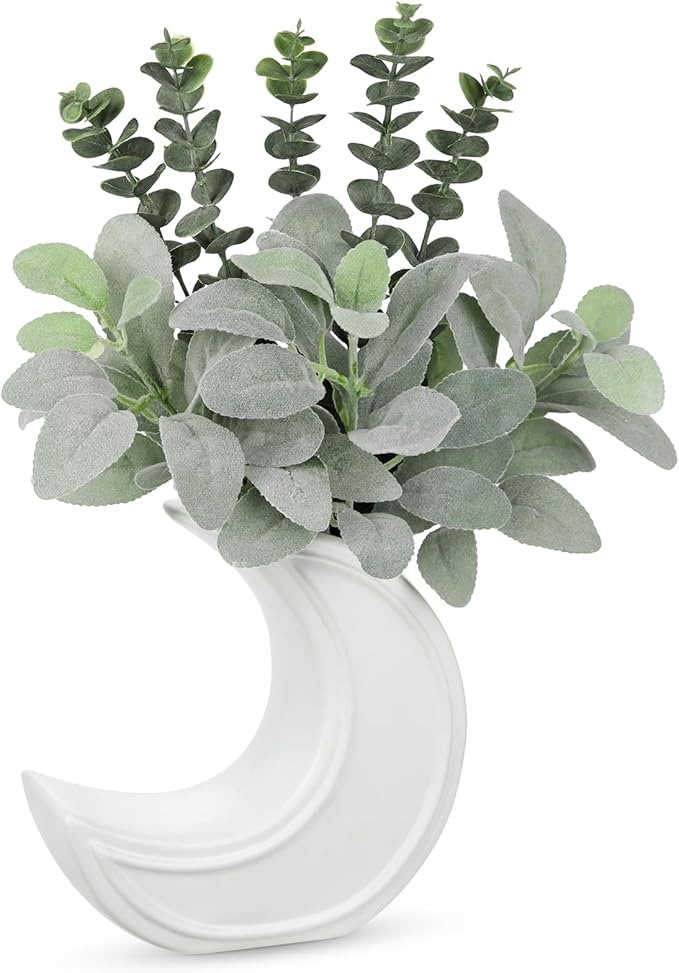 Fake Eucalyptus Plant in Crescent Moon Vase, 17" Faux Greenery Potted Plant, Rustic Moon-Shaped Ceramic Planter with Artificial Eucalyptus Leaves for Table Centerpiece Shelf Office Farmhouse Decor