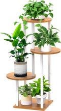 4 Tier Wood Tall Plant Stand Metal Rack Indoor, Multiple Flower Pot Holder Shelves Corner Rack, Round Planter Shelf Display Rack Storage Organizer for Patio Living Room Balcony(White+Wooden)