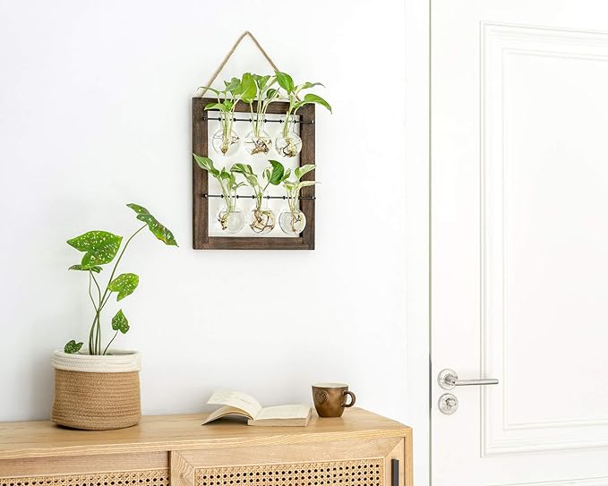 Mkono Propagation Station Wall Hanging Glass Planter, Flower Bulb Vase Plant Terrarium with Retro Wooden Stand Double Layer for Hydroponics Plants Home Garden Office Decor
