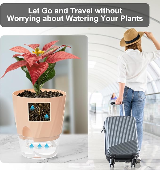 KIMCHOMERSE Self Watering Plant Pots 4.7 Inch, 6 Pack Indoor Planters with Drainage Holes & Saucers, Decorative Flower Pots for Home Office Decor (2 White, 2 Pink, 2 Blue)