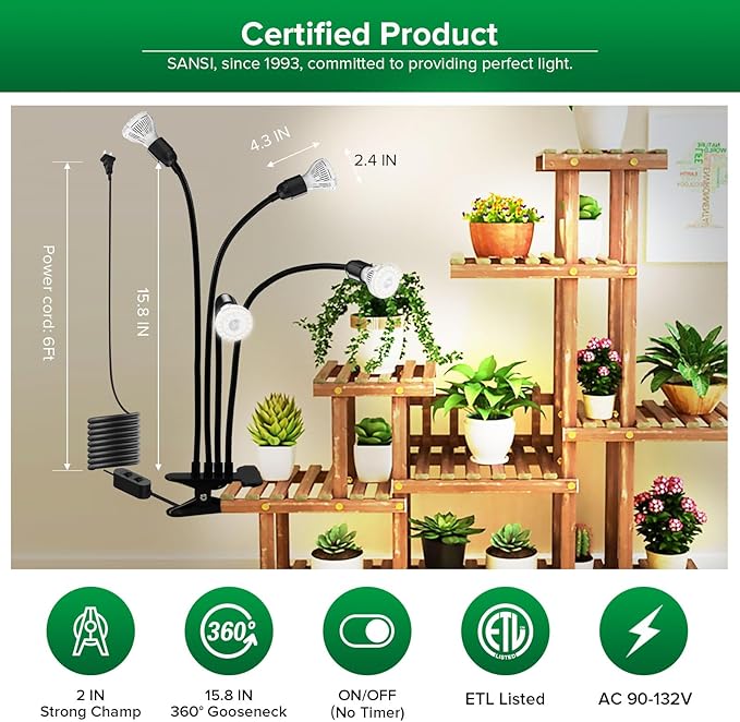 SANSI LED Grow Lights for Indoor Plants, 600W Full Spectrum Gooseneck Clamp Grow Lamp, 40W Power Plant Light with High PPFD for Seeding, Lifetime Free Bulb Replacement Plant Lights for Indoor, 4 Head