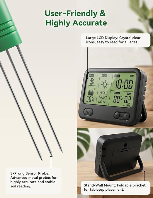 Nexuslab Wireless Soil Moisture Meter with LCD Receiver – 3‑Probe 3‑in‑1 Sensor (Moisture, Temperature, Light), 230 ft RF Range, Waterproof, Long Battery Life for Indoor/Outdoor Plants and Gardens